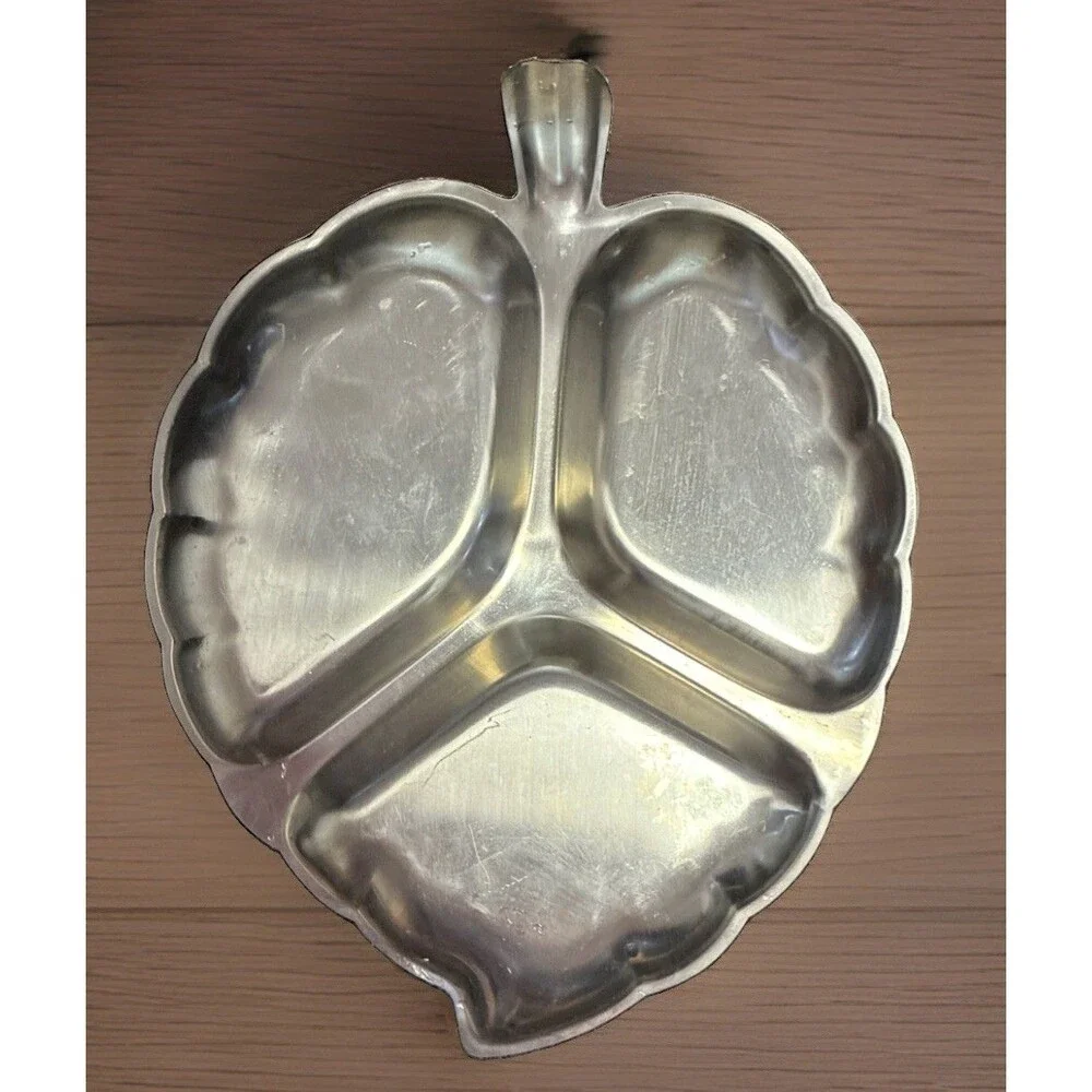 Stainless Steel Divided Plate Tray Clover Design With Handle Vintage